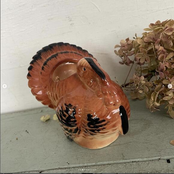 Vintage Turkey Planter Thanksgiving Dinner Table Centerpiece Ceramic Brown Black - Picture 3 of 10